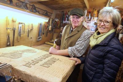 Maggie Abel and woodcarver Carl Preston in Mr Prestons Scarning workshop sm