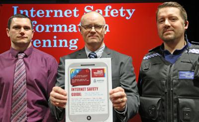 NWHS network manager Gary OConnor left and deputy head Ian Winter centre with PCSO Alex Spinks at the Internet Safety Event